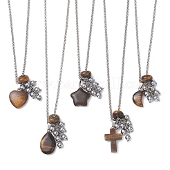 Natural Tiger Eye with Synthetic Non-magnetic Hematite Beads Cluster Pendant 304 Stainless Steel Rolo Chain Necklaces&nbsp;NJEW-JN05896