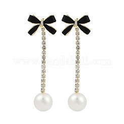 Bowknot Brass Enamel with Clear Cubic Zirconia & Plastic Imitation Pearl Dangle Stud Earrings&nbsp;EJEW-Q391-13G