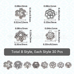 240Pcs 8 Styles Tibetan Style Alloy Flower Beads Caps&nbsp;FIND-SP0001-66