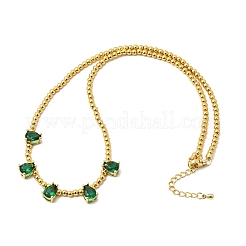 Brass Pave Cubic Zirconia Teardrop Pendant Round Beaded Necklaces&nbsp;NJEW-C121-01G-04