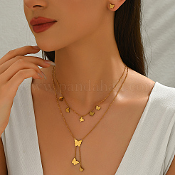 French Style Stainless Steel Butterfly Double Layer Necklace & Stud Earrings Sets for Women&nbsp;BP7503