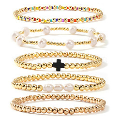 5Pcs 5 Styles Brass & Freshwater Pearl Round Beads Stretch Bracelet Set&nbsp;XL2299-1