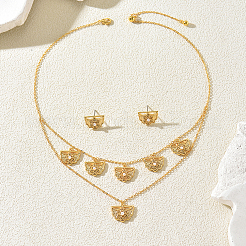 Brass Micro Pave Clear Cubic Zirconia Hollow Fan Double Layer Pendant Necklace & Stud Earrings Set for Women&nbsp;KI7440