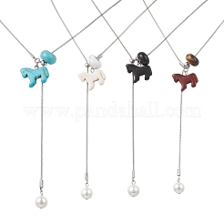 4Pcs 4 Color Dyed Synthetic Turquoise Horse with Shell Pearl Beads Pendant Necklaces&nbsp;NJEW-JN05895