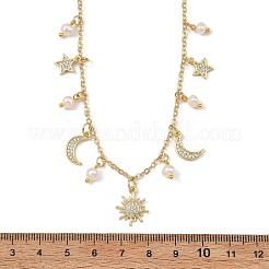 Brass Micro Pave Clear Cubic Zirconia Moon Star Sun Pendant Cable Chain Necklaces with Natural Pearl Beads for Women&nbsp;NJEW-JN06233