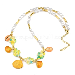 Ocean Brass Enamel Starfish Shell Shape Pendant Round ABS Imitation Pearl Beaded Necklaces&nbsp;KK-CBA4547-04A-G