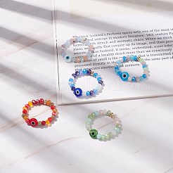 Lampwork Evil Eye & Glass Beaded Stretch Finger Ring for Women&nbsp;RJEW-JR00483-02