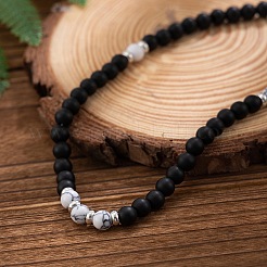 6MM Round Natural Howlite and Frosted Black Stone Beaded Necklaces for Men&nbsp;FQ0489-3