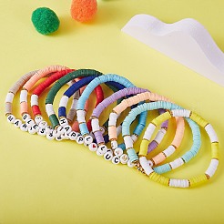 10Pcs 10 Style Encourage Word Polymer Clay Heishi Surfer Stretch Bracelets Set with Heart&nbsp;BJEW-SW00041