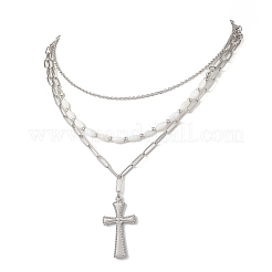 304 Stainless Steel Cross Pendant Dyed Natural Shell Oval Beaded 3 Layer Necklaces for Women&nbsp;NJEW-JN05481