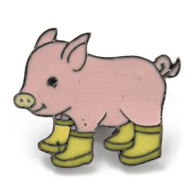 Pig in Rain Boots Enamel Pins Platinum Tone Alloy Brooches Yellow 23.5x28x2mm