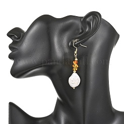Natural Amber Chip & Natural Keshi Pearl Dangle Earrings&nbsp;EJEW-JE07445-01