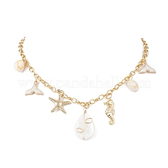 Alloy Enamel Whale Tail Starfish & Natural Shell Teardrop Pendant 304 Stainless Steel Cable Chain Necklaces for Women&nbsp;NJEW-JN05407-01