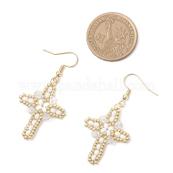 304 Stainless Steel Glass Seeds Cross Dangle Earrings&nbsp;EJEW-MZ00506-01