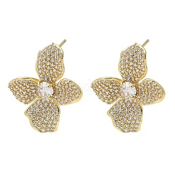 Four-Leaf Flower Brass & Clear Cubic Zirconia Stud Earrings&nbsp;KK-CBA36A2-08G