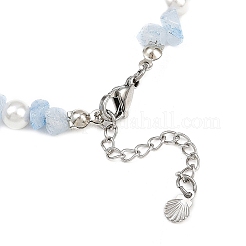 Alloy Enamel Shell Shape Charm White Round Shell Pearl & Natural Dyed Aquamarine Chip Beaded Anklets&nbsp;AJEW-AN00734-02