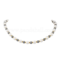 8MM White Shell Pearl with 6MM Synthetic Non-Magnetic Hematite Round Beaded OT Necklaces&nbsp;NJEW-JN05698