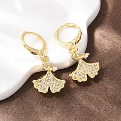 Leaf Brass Micro Pave Clear Cubic Zirconia Hoop Earrings&nbsp;EJEW-B154-01G