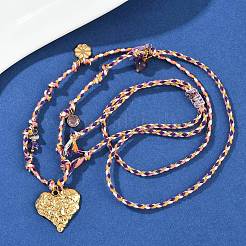 304 Stainless Steel Textured Heart Pendant Cotton Cord Adjustable Necklaces&nbsp;NJEW-C093-01G