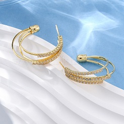 Triple C-Shaped Brass Micro Pave Clear Cubic Zirconia Stud Earrings&nbsp;EJEW-R025-29G