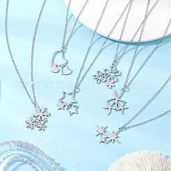 6Pcs 6 Styles 201 Stainless Steel 3 Heart Snowflake Flower Star Pendant Necklaces&nbsp;NJEW-JN05195