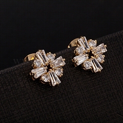 Real 18K Gold Plated Flower Brass Cubic Zirconia Stud Earrings&nbsp;EJEW-EE0001-220