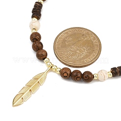 Dyed Synthetic Turquoise & Coconut & Wood Round Beaded Brass Feather Pendant Necklaces for Women&nbsp;NJEW-JN05460-01
