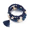 Multi-layered Stretch Bracelets Sets, Stackable Bracelets, with Acrylic Beads, Golden Plated Alloy Spacer Beads and Yarn Tassel Pendants, Dark Blue, Inner Diameter: 1-7/8~2-1/8 inch(4.9~5.3cm), 3pcs/set
