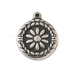 304 Stainless Steel Tibetan Style Pendants, Round, Antique Silver, Flower, 18x15x2.5mm, Hole: 1.4mm