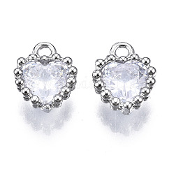 Brass Inlaid Clear Cubic Zirconia Charms, Cadmium Free & Nickel Free & Lead Free, Heart, Platinum, 10x8x3mm, Hole: 1.4mm