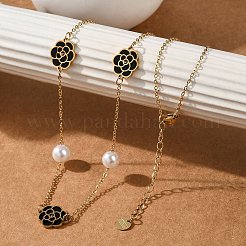 Ion Plating(IP) 304 Stainless Steel Black Enamel Flower Pendant Necklaces for Women&nbsp;NJEW-M078-09G