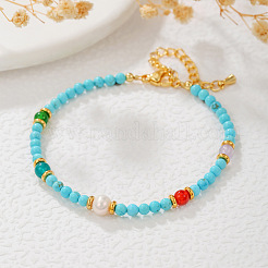 Round Synthetic Turquoise & Natural Red Agate & Freshwater Pearls Beaded Bracelets & Necklaces Sets for Women&nbsp;JT3894-3