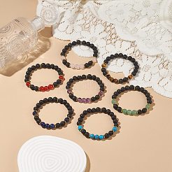 7Pcs 7 Style Natural Mixed Gemstone & Lava Rock Round Beaded Stretch Bracelets Set&nbsp;BJEW-JB08914