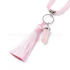 Natural Rose Quartz Bullet & Tassel Pendant Necklace with Mixed Gemstone Beaded Chains&nbsp;NJEW-E585-02E
