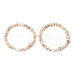 2Pcs Natural Cultured Freshwater Pearl & Shell & Brass Spacer Beads Stretch Bracelets for Women&nbsp;BJEW-JB11874