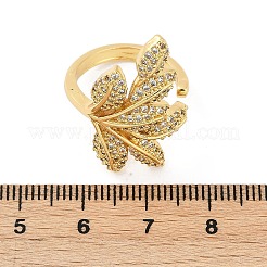 Leaf Brass Micro Pave Clear Cubic Zirconia Open Cuff Rings for Women&nbsp;RJEW-G343-27G