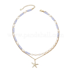 Synthetic Blue Lace Agate Heishi Beads and Rice Natural Pearl Beaded Double Layer 304 Stainless Steel Starfish Pendant Necklaces&nbsp;NJEW-JN05847-01