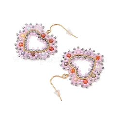 Heart Glass Seed Beaded and  Cubic Zirconia Dangle Earrings&nbsp;STAS-U017-03G-04