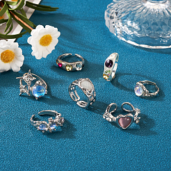 7Pcs 7 Style Rhinestone Heart & Star & Half Round Open Cuff Rings Set with Cat Eye Beaded&nbsp;RJEW-TA0001-03