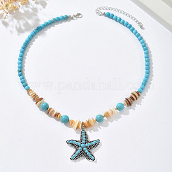 Bohemian Alloy & Synthetic Turquoise Starfish Pendant Round Beaded Necklaces for Women&nbsp;FS-WGD4D40-01