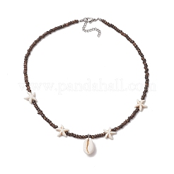 Summer Beach Synthetic Turquoise Starfish & Natural Cowrie Shell Pendant Necklaces&nbsp;NJEW-JN05207
