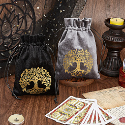 2Pcs 2 Styles Rectangle Gold Stamping Tree of Life Velvet Tarot Storage Drawstring Bags for Divination&nbsp;ABAG-CN0001-53
