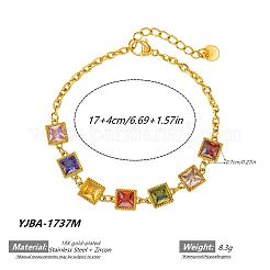 304 Stainless Steel Pave Cubic Zirconia Square Link Chain Bracelets for Women&nbsp;WG6E589-01