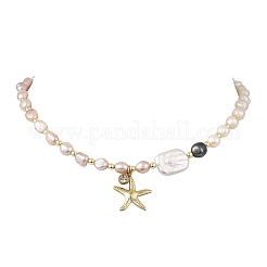 Ocean 304 Stainless Steel Starfish Pendant Natural Pearl Beaded Necklaces for Women&nbsp;NJEW-JN06310
