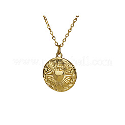 French Style Stainless Steel Flat Round with Cross Sacred Heart Pendant Necklaces for Women&nbsp;JI8984-1