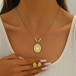 201 Stainless Steel Rhinestones Oval with Virgin Mary Pendant Necklace & Stud Earrings Set for Women&nbsp;RA9493