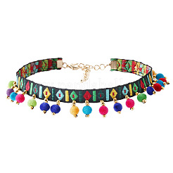 Cloth Embroidery Band with Colorful Wool Pom Pom Ball Tassel Choker Necklaces for Women&nbsp;FS-WG50431-01