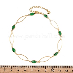 Brass Glass Faceted Green Horse Eye Link Chain Anklets for Women&nbsp;KK-H299-01G
