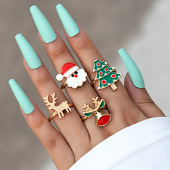 Christmas Theme Santa Claus & Christmas Tree & Deer Alloy Enamel Finger Rings Sets&nbsp;FS-WGAB09C-01