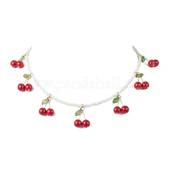 Natural Dyed Mashan Jade Red Cherry Pendant Glass Seed Beaded Necklaces for Women&nbsp;NJEW-TA00211-01